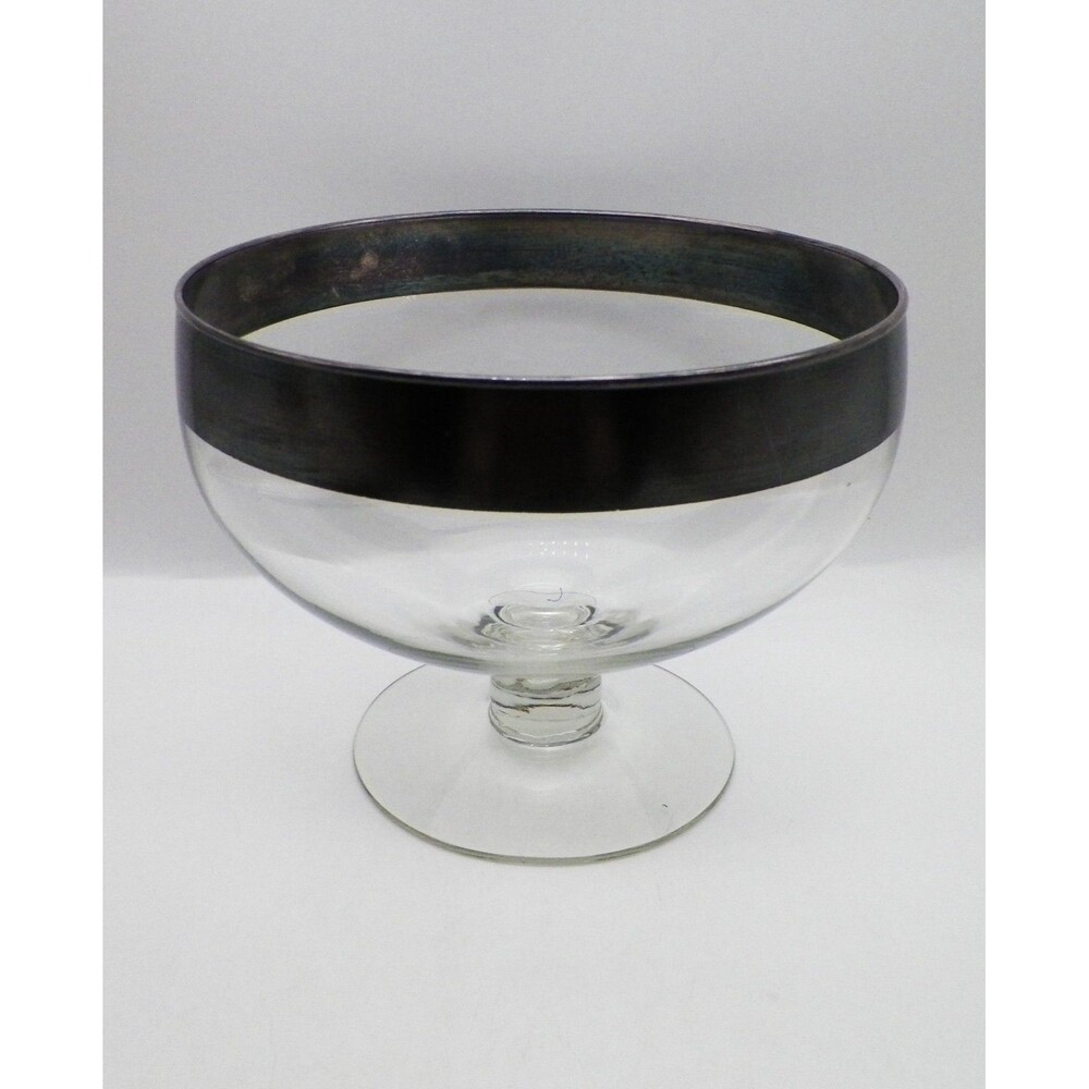 Vintage Glass Pedestal Bowl Compote Silver Rim Wide Band Dorothy Thorpe Style